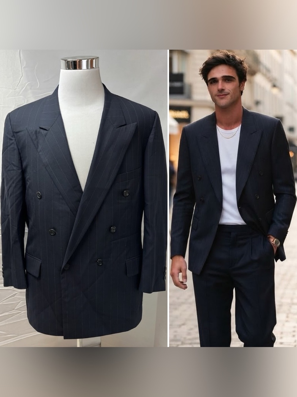 Vintage Bespoke Men's 46R Navy Pinstripe Double Breasted Y2K USA Blazer Jacket